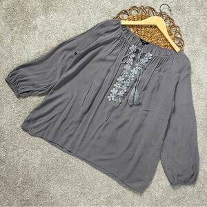 Floryday Long Sleeve Blouse Top Necktie Drawstrings Gray Boho Size M